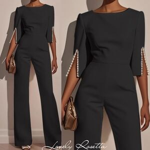 Wide-Leg Black Jumpsuit with Slit-Sleeve Detail